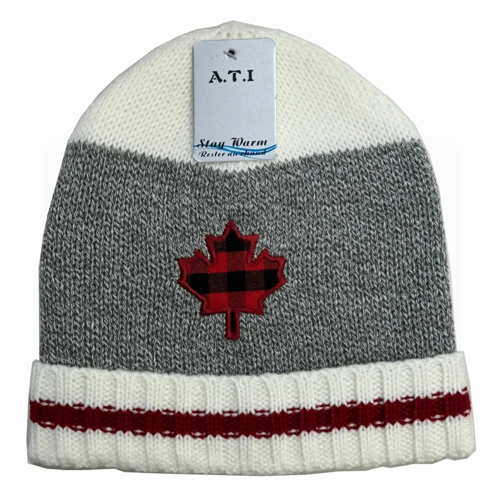 NWT! Gray and White Knit Beanie and Mittens Set with Plaid Maple Leaf